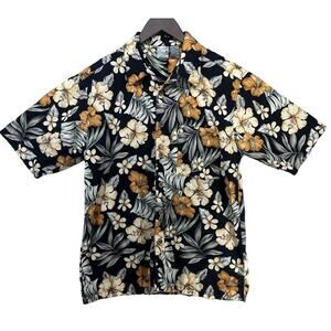 OP Mens Shirt Hawaiian Sport Ocean Pacific Aloha Orange Flowers Black Medium